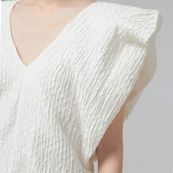 CO Avery Linen Crepe Pleated Cap Sleeve Textured Jacquard V Neck Blouse Top NEW - Picture 7 of 16